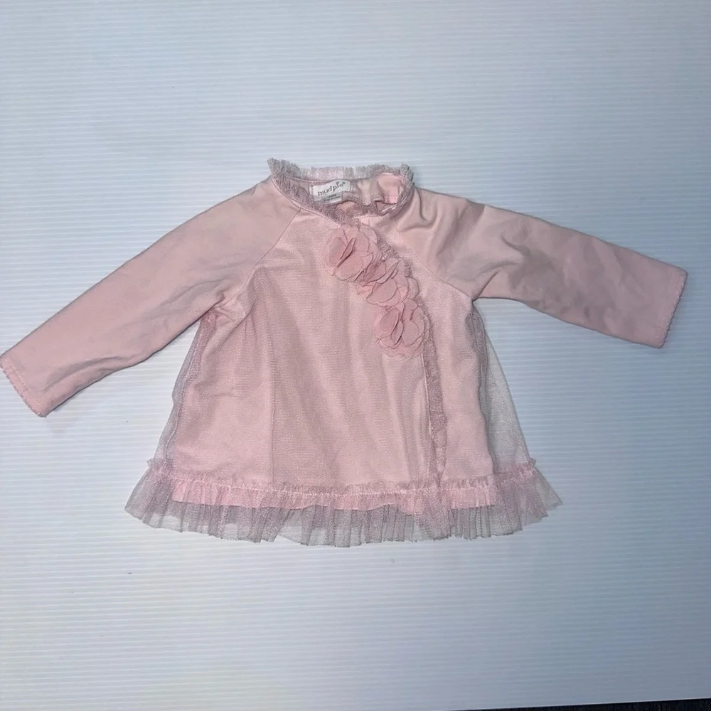 Girl Mud Pie Blouse 3-6M Pink ruffle baby flowers fancy tulle embellishment